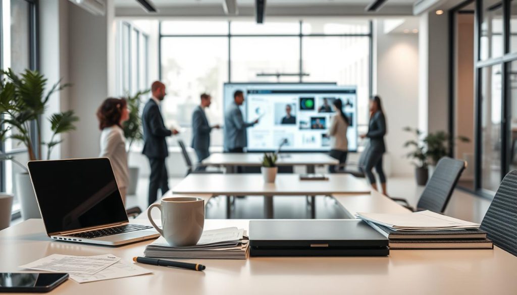 A professional platform for employee portage, showcasing a sleek and intuitive Umalis Group interface. In the foreground, a modern office desk features a laptop, documents, and a coffee mug, indicating the efficient workflow. The middle ground displays a dynamic team collaboration, with professionals discussing project details on a large monitor. The background reveals a minimalist, well-lit open-plan office, with floor-to-ceiling windows providing ample natural light. The overall scene conveys a sense of productivity, security, and trust, as the Umalis Group platform facilitates seamless employee portage experiences.