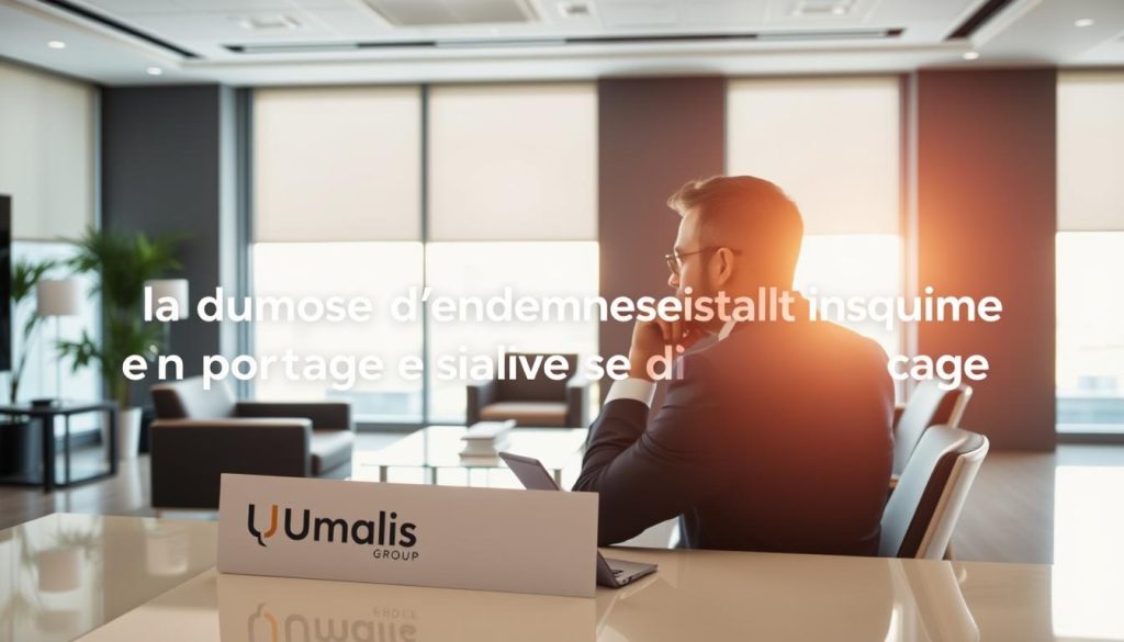 A professional, polished office setting with modern furniture and sleek decor. A large window in the background floods the room with natural light, casting a warm glow. In the foreground, a well-dressed businessperson sits at a desk, deep in thought. The Umalis Group logo is prominently displayed on the desk or wall, indicating this is a corporate environment. The mood is one of contemplation and professionalism, reflecting the subject of "La durée d'indemnisation en portage salarial et chômage".