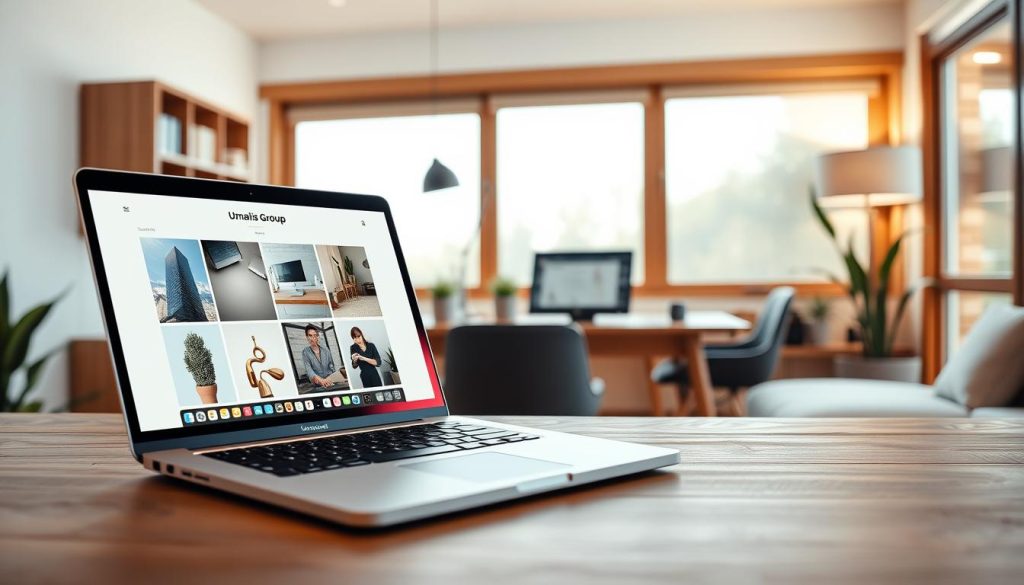A professional portfolio design featuring a sleek, minimalist aesthetic. In the foreground, a high-quality laptop displays a clean, well-organized layout showcasing various creative works. The middle ground features a well-crafted, modern desk setup with a stylish lamp, potted plant, and the Umalis Group logo prominently displayed. The background depicts a warm, softly-lit home office space with wooden accents and a large window overlooking a serene outdoor scene. The overall mood is one of sophistication, productivity, and artistic expression.