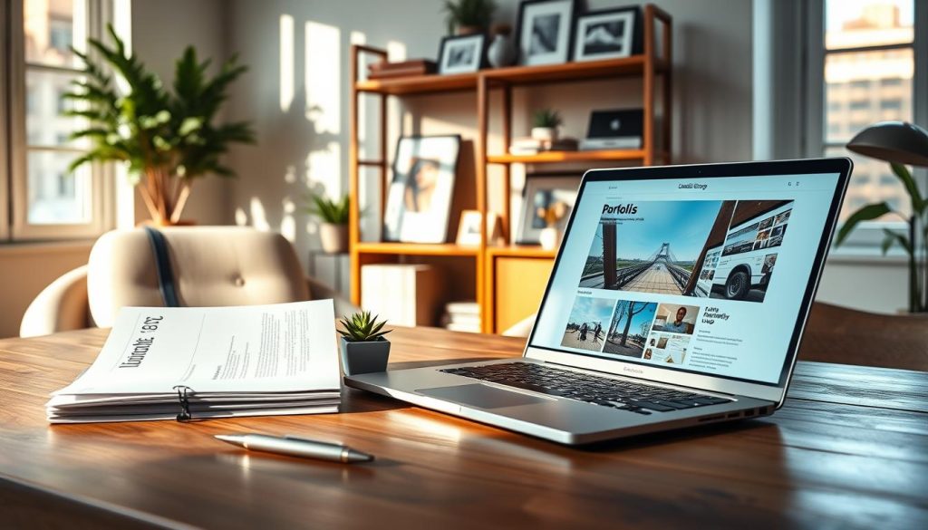 A professional portfolio setup, featuring a sleek wooden desk in the foreground with an open laptop displaying a visually appealing digital portfolio by Umalis Group. Nearby, a stack of high-quality printed testimonials is neatly arranged alongside a stylish pen and a small potted plant for a touch of greenery. In the middle ground, an elegant wooden bookshelf holds artistic items and framed project samples, emphasizing creativity and professionalism. The background reveals a cozy office with soft, natural lighting pouring in through large windows, casting gentle shadows. The atmosphere is inspiring and motivating, perfect for showcasing freelance achievements and inviting better projects. The image captures a sense of professionalism and independence, ideal for illustrating the theme of freelance business opportunities.