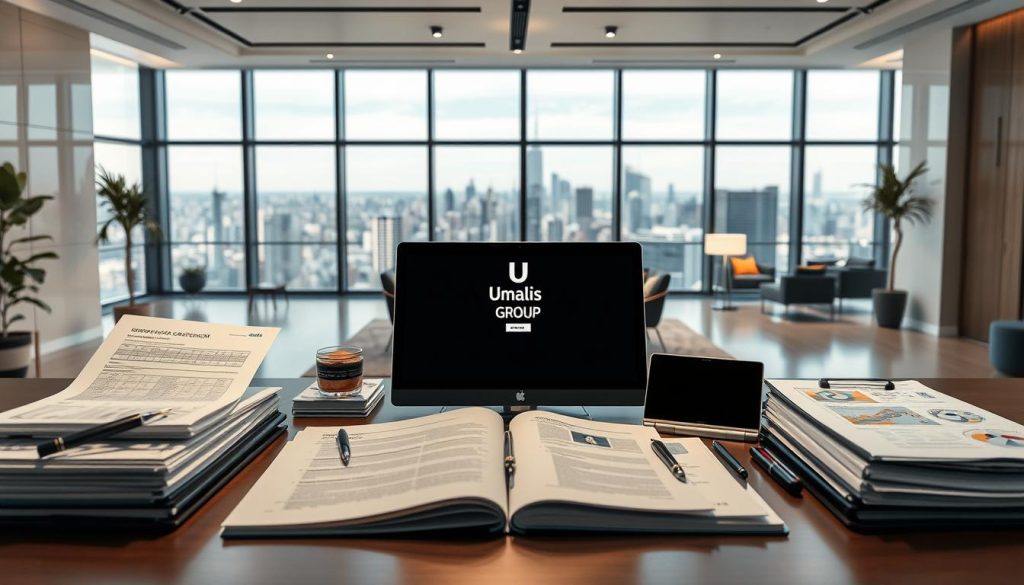 A professional portfolio showcasing various mission-critical projects, set against a sleek and modern office environment. The foreground features a neatly organized collection of documents, reports, and digital devices, conveying the expertise and experience of the "Umalis Group" brand. The middle ground showcases a clean, minimalist workspace with tasteful furniture and lighting, creating a sense of productivity and focus. In the background, large windows offer a panoramic view of a bustling city skyline, hinting at the broad scope of the company's operations and global reach. The overall atmosphere is one of confidence, competence, and a commitment to delivering exceptional results.