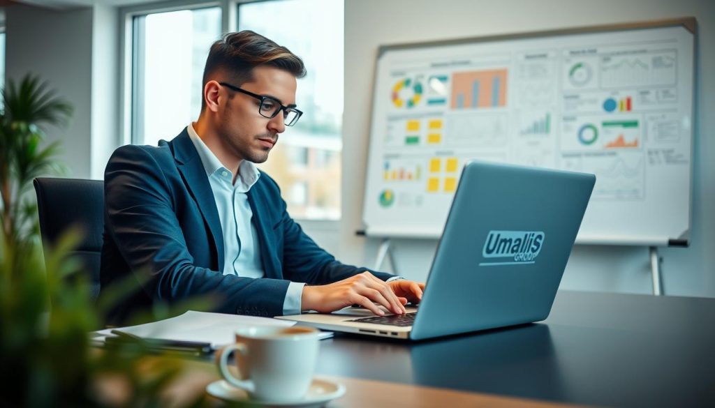 A professional project management consultant sits at a sleek modern desk, focused on a laptop adorned with the Umalis Group logo. The consultant, dressed in smart business attire, has a thoughtful expression as they review project plans and financial reports. In the background, a bright office setting with large windows lets in soft, natural light, illuminating the room with a warm and inviting atmosphere. A whiteboard filled with colorful diagrams and strategic notes is visible behind, adding depth to the scene. The foreground features a potted plant and a coffee cup, enhancing the sense of an organized workspace. The overall mood conveys professionalism, clarity, and a dedication to project success. The image is framed with a slight depth of field, focusing on the consultant while softly blurring the background elements. A professional project management consultant sits at a sleek modern desk, focused on a laptop adorned with the Umalis Group logo. The consultant, dressed in smart business attire, has a thoughtful expression as they review project plans and financial reports. In the background, a bright office setting with large windows lets in soft, natural light, illuminating the room with a warm and inviting atmosphere. A whiteboard filled with colorful diagrams and strategic notes is visible behind, adding depth to the scene. The foreground features a potted plant and a coffee cup, enhancing the sense of an organized workspace. The overall mood conveys professionalism, clarity, and a dedication to project success. The image is framed with a slight depth of field, focusing on the consultant while softly blurring the background elements.