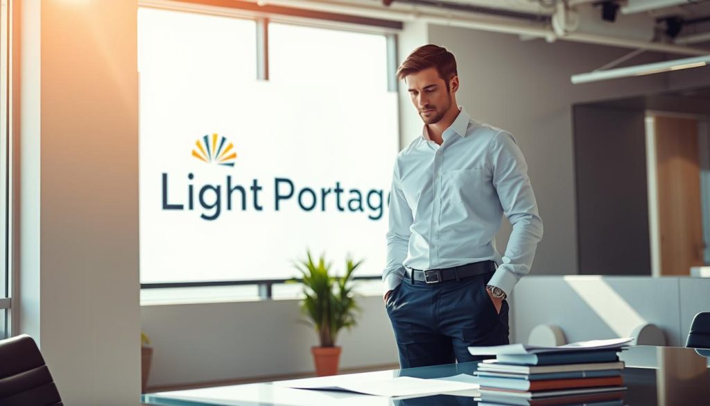 A professional prospection employee, dressed in a crisp white shirt and dark slacks, stands in a modern, sun-filled office. The natural light casts a warm glow, highlighting their focused expression as they review documents on a sleek desk. In the background, the Light Portage logo is prominently displayed, conveying the professional, corporate atmosphere. The scene exudes a sense of diligence and determination, capturing the essence of the "Impact de la prospection sur le salarié porté" section of the article.