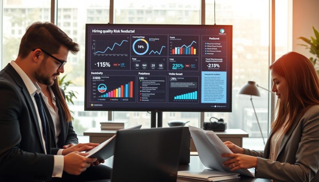 A professional-quality control scene that captures the essence of freelance work online. In the foreground, a diverse group of three professionals in smart business attire examine documents and digital interfaces on laptops, showcasing teamwork and meticulous attention to detail. In the middle, a large screen displays charts and metrics related to hiring quality, with graphs illustrating risk reduction strategies. The background features a modern office environment with contemporary decor, soft natural lighting filtering through large windows, emphasizing a collaborative atmosphere. The overall mood is focused and professional, reflecting trust and stability in the freelance market. Include a subtle logo or branding of "Umalis Group" on the digital interface for contextual relevance. A professional-quality control scene that captures the essence of freelance work online. In the foreground, a diverse group of three professionals in smart business attire examine documents and digital interfaces on laptops, showcasing teamwork and meticulous attention to detail. In the middle, a large screen displays charts and metrics related to hiring quality, with graphs illustrating risk reduction strategies. The background features a modern office environment with contemporary decor, soft natural lighting filtering through large windows, emphasizing a collaborative atmosphere. The overall mood is focused and professional, reflecting trust and stability in the freelance market. Include a subtle logo or branding of "Umalis Group" on the digital interface for contextual relevance.
