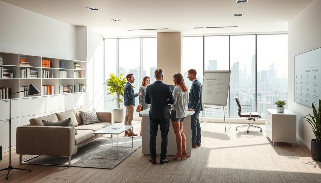 A professional real estate agency office, showcasing the benefits of the "Umalis Group" employee portage service for independent agents. The scene depicts a bright, modern workspace with sleek furniture, large windows, and ample natural light. In the foreground, a group of agents collaborate at a central desk, discussing property listings and sharing insights. The middle ground features a well-stocked resource library and a large interactive whiteboard, demonstrating the comprehensive support services available. The background reveals an expansive city skyline, symbolizing the broader business opportunities enabled by the "Umalis Group" portage solution. The overall atmosphere conveys a sense of productivity, collaboration, and the empowerment of independent real estate professionals.