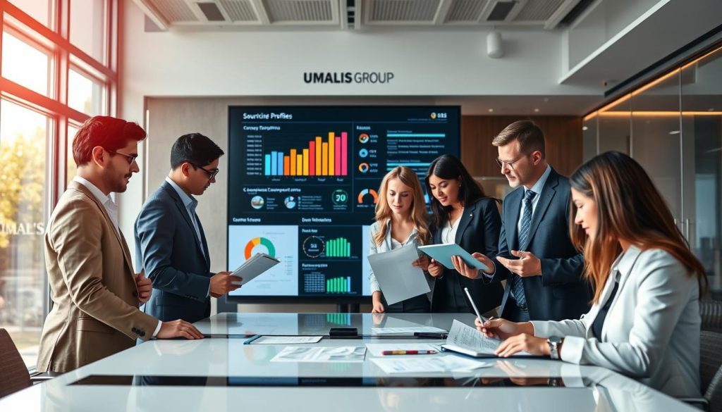 A professional recruitment setting showcasing the intricate process of sourcing profiles for executive positions. In the foreground, a diverse group of professionals in business attire engages in discussion around a sleek conference table, analyzing resumes and data on digital devices. The middle ground features a large screen displaying colorful infographics about candidate competencies and experience levels. In the background, a modern office environment with floor-to-ceiling windows allows natural light to flood in, creating an inviting atmosphere. Soft, ambient lighting highlights the focused expressions of the individuals collaborating. The branding of "UMALIS GROUP" subtly integrated into the room decor enhances the professional appeal. The overall mood is dynamic and focused, reflecting expertise and security in the recruitment process.