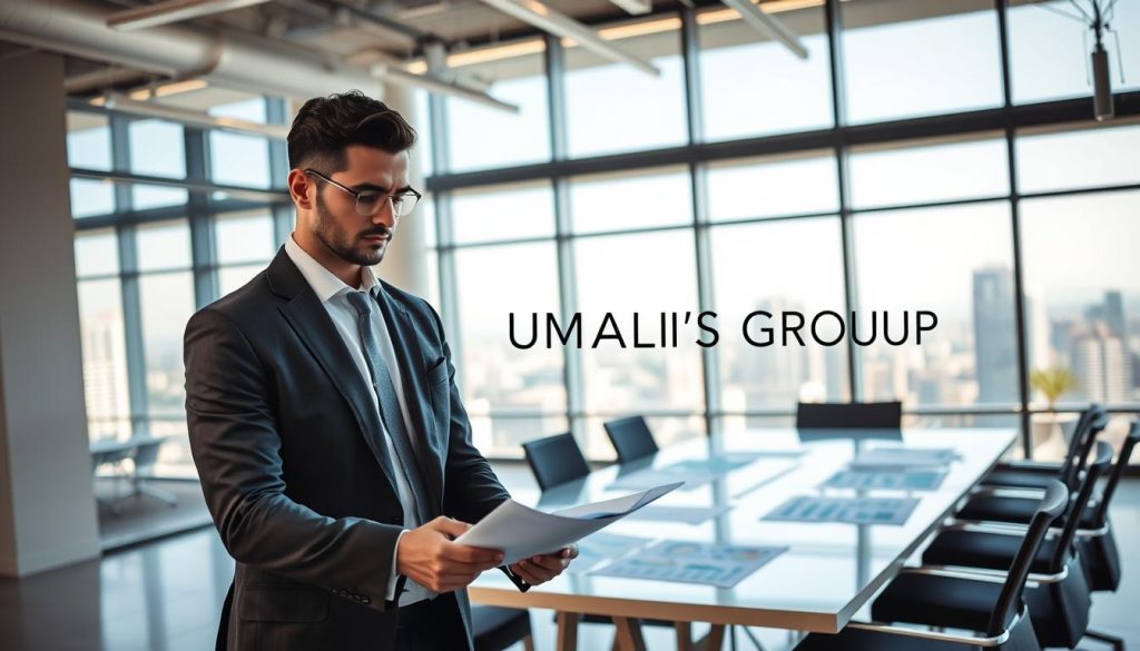 A professional regulatory verification scene in an office environment. In the foreground, a confident consultant, dressed in a tailored suit, reviews documents with a clear focus. In the middle ground, a modern conference table is filled with charts and compliance reports, symbolizing the activity and sector of quality assurance. Behind them, large windows allow natural light to flood the room, offering a view of a bustling cityscape. The atmosphere is serious yet optimistic, capturing the transition of client obligations into advisory missions. Incorporate the brand name "UMALIS GROUP" subtly in the design elements, ensuring it remains professional and understated. Use soft lighting from the windows and a wide-angle lens to create depth and emphasize the collaborative workspace.