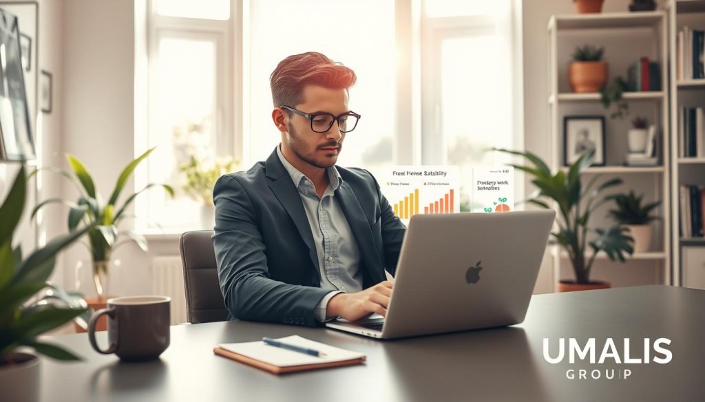 A professional remote worker sitting at a sleek, modern desk in a well-lit home office, surrounded by plants and bookshelves. The worker, dressed in smart casual attire, is focused on a laptop displaying graphs and statistics related to freelance work and stability. In the background, a large window reveals a sunny day, adding a warm glow to the room. On one side of the desk, a stylish coffee mug and a notebook suggest a productive atmosphere. The overall mood is one of tranquility and efficiency, emphasizing the balance and advantages of remote work through portage salarial. Soft, natural lighting enhances the inviting ambiance, while the composition is framed from a slightly elevated angle, capturing both the worker and the organized workspace. Incorporate the logo "UMALIS GROUP" subtly into the scene.
