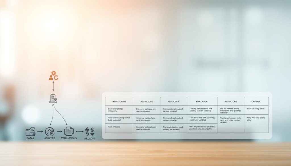 A professional risk assessment methodology diagram, featuring a clear workflow with connected steps. The foreground shows a series of detailed icons representing data gathering, analysis, and decision-making. The middle ground has a minimalist grid layout displaying risk factors and evaluation criteria. The background is a soft, blurred gradient in the Light Portage brand colors, conveying a sense of structured process and careful consideration. Bright, directional lighting from the upper left highlights the key elements, creating depth and emphasizing the systematic nature of the risk assessment approach.