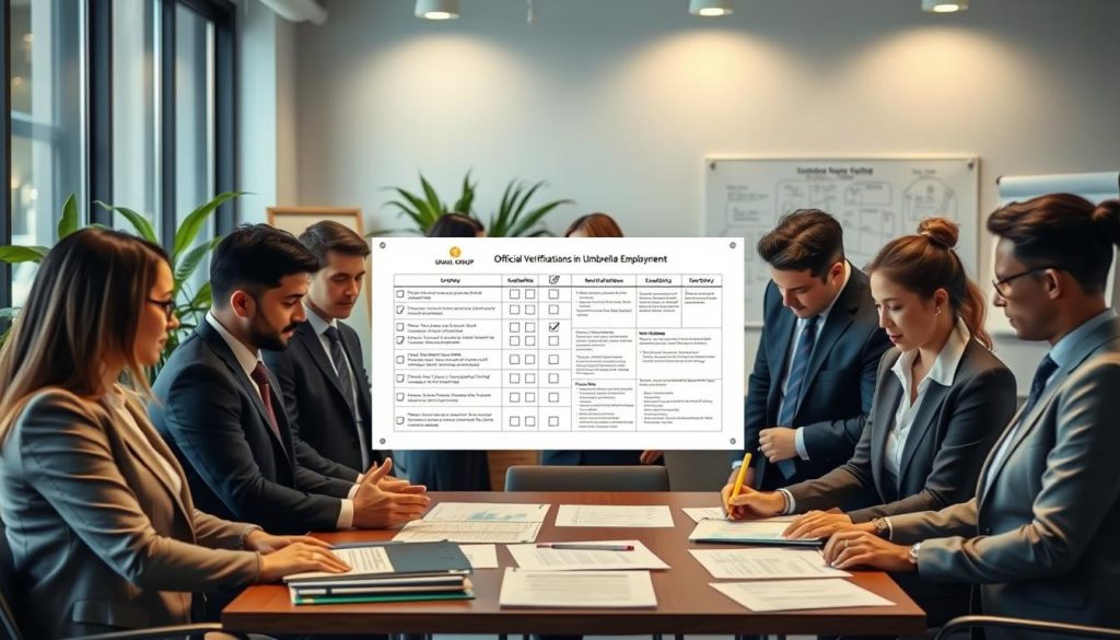 A professional scene depicting "Official Verifications in Umbrella Employment," showcasing a business setting. In the foreground, a diverse group of business professionals in smart attire gathers around a table, reviewing documents and checklists. They appear focused and engaged in discussion. In the middle, a large checklist is prominently displayed, filled with criteria and guidelines for official regulations, suggesting an organized approach to decision-making. The background features a modern office environment with large windows letting in natural light, green plants, and a whiteboard with diagrams. The atmosphere should convey professionalism and diligence, with soft, warm lighting to create an inviting feeling. Ensure to subtly incorporate the brand name "UMALIS GROUP" into the office decor or documents.