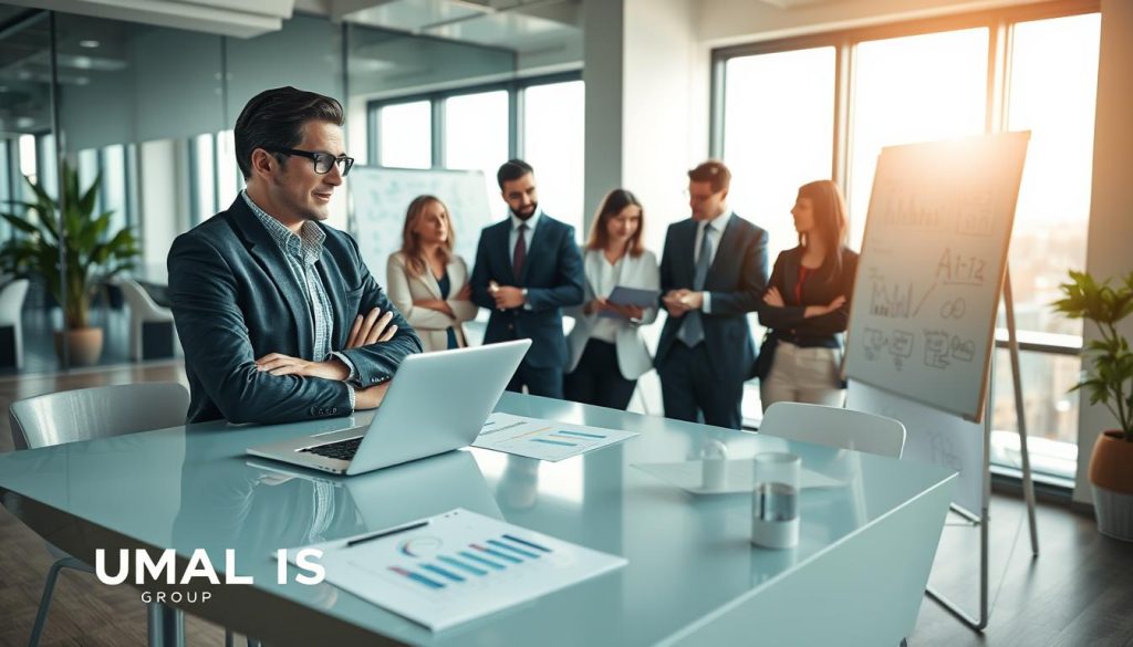 A professional scene depicting a consultant specializing in artificial intelligence, positioned confidently at a sleek, modern desk adorned with a laptop showing data analytics. In the foreground, a diverse group of business professionals dressed in formal attire engage in a discussion, analyzing charts and reports related to AI strategies. The middle ground features a whiteboard with brainstorming ideas surrounding AI applications and LinkedIn strategies. The background reveals a stylish office environment with soft, natural lighting pouring through large windows. The atmosphere is focused and dynamic, embodying innovation and professionalism. Incorporate the branding "UMALIS GROUP" subtly into the scene, perhaps as a logo on the laptop or whiteboard. Use a wide-angle lens for a comprehensive view, enhancing the collaborative environment. A professional scene depicting a consultant specializing in artificial intelligence, positioned confidently at a sleek, modern desk adorned with a laptop showing data analytics. In the foreground, a diverse group of business professionals dressed in formal attire engage in a discussion, analyzing charts and reports related to AI strategies. The middle ground features a whiteboard with brainstorming ideas surrounding AI applications and LinkedIn strategies. The background reveals a stylish office environment with soft, natural lighting pouring through large windows. The atmosphere is focused and dynamic, embodying innovation and professionalism. Incorporate the branding "UMALIS GROUP" subtly into the scene, perhaps as a logo on the laptop or whiteboard. Use a wide-angle lens for a comprehensive view, enhancing the collaborative environment.