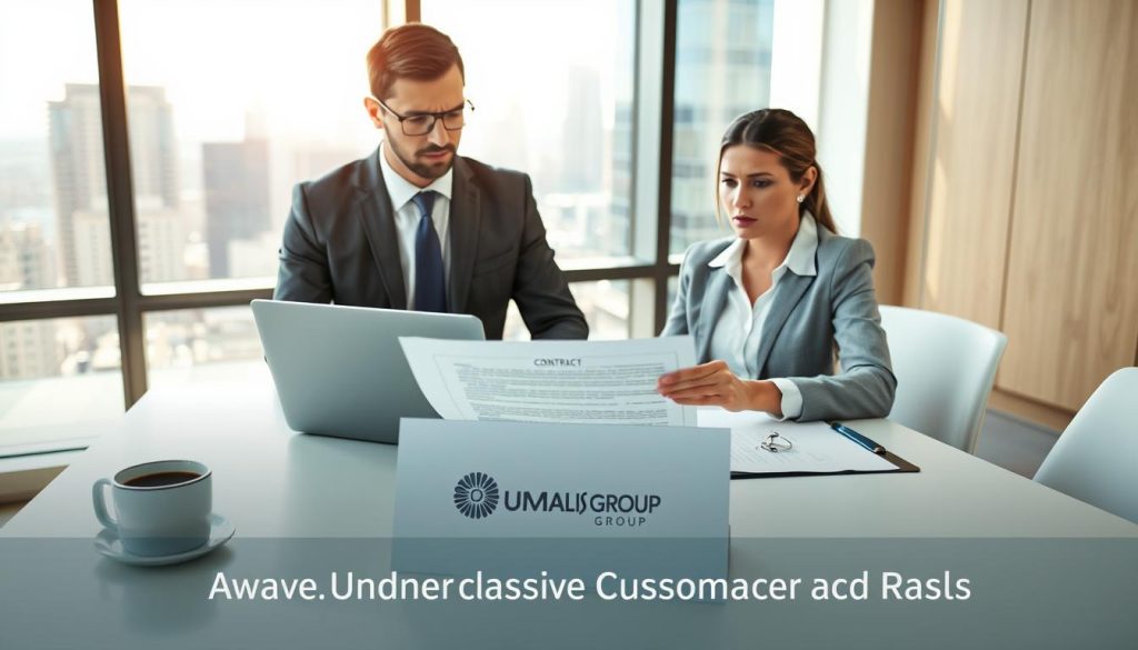 A professional scene depicting a contractor relationship between two individuals in a bright, modern office setting. In the foreground, a male and female independent contractor, both dressed in smart business attire, are engaged in a focused discussion over a contract. Their expressions reflect concern yet professionalism, highlighting the importance of legal protections. The middle ground features a large table with a laptop, legal documents, and a cup of coffee, signifying a typical work environment. In the background, a window shows a cityscape bathed in soft, natural daylight, establishing a feeling of openness and opportunity. The mood is serious yet collaborative, emphasizing the key themes of avoiding misclassification risks. The logo of "Umalis Group" is subtly included on a document in the foreground.