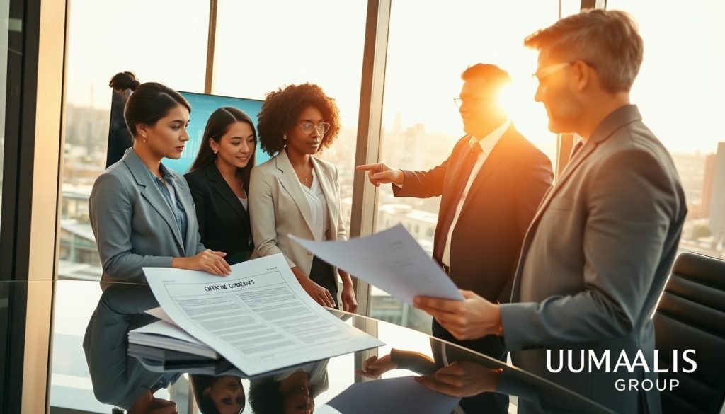 A professional scene depicting a diverse group of business professionals reviewing important documents related to social and fiscal regulations in a modern office environment. In the foreground, two women, one of Asian descent and the other of African descent, are examining a document titled “Official Guidelines” on a sleek glass table. The middle ground features a man of Caucasian descent standing by a large window, pointing to a digital display showing statistics and charts about client requests and profitability. The background reveals a cityscape, indicating an urban setting, under warm natural lighting streaming through the window. The atmosphere is focused and collaborative, embodying the essence of diligence and professionalism, along with the branding of “UMALIS GROUP” subtly integrated into the office decor.