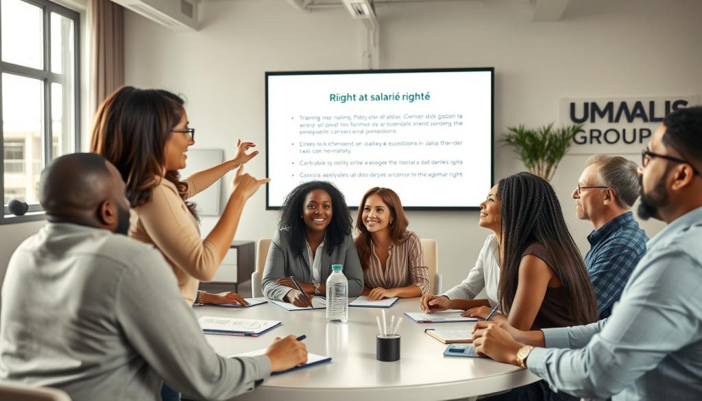 A professional scene depicting a diverse group of employees engaged in a training session about their rights as "salarié porté". In the foreground, a confident female trainer gestures towards a large screen displaying key points on training rights, while participants of varying ethnicities and ages sit at a circular table, taking notes. The middle ground features a well-lit conference room with modern decor, large windows allowing natural light to stream in, creating an inviting atmosphere. In the background, subtle references to the "UMALIS GROUP" logo can be seen on a wall art piece, reinforcing a sense of professional development. The lighting is bright but warm, evoking motivation and collaboration, shot from a slightly elevated angle to capture the entire room.