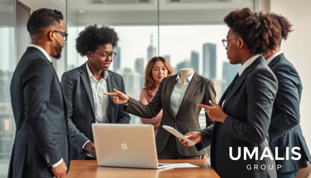 A professional scene depicting a diverse group of individuals in a modern office environment, engaged in a discussion about the criteria and conditions for starting with portage salarial. In the foreground, a confident woman in a sharp business suit points at a whiteboard filled with key factors like "skills," "experience," and "networking." A man beside her takes notes on a laptop. The middle background features a glass wall showcasing a city skyline, conveying a sense of ambition and success. Soft, natural lighting floods the room, creating a welcoming atmosphere. The overall mood is focused and collaborative, reflecting a professional setting of growth and opportunity. Include the logo of "UMALIS GROUP" subtly in the corner of the image. A professional scene depicting a diverse group of individuals in a modern office environment, engaged in a discussion about the criteria and conditions for starting with portage salarial. In the foreground, a confident woman in a sharp business suit points at a whiteboard filled with key factors like "skills," "experience," and "networking." A man beside her takes notes on a laptop. The middle background features a glass wall showcasing a city skyline, conveying a sense of ambition and success. Soft, natural lighting floods the room, creating a welcoming atmosphere. The overall mood is focused and collaborative, reflecting a professional setting of growth and opportunity. Include the logo of "UMALIS GROUP" subtly in the corner of the image.