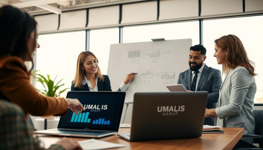 A professional scene depicting a diverse group of individuals in a modern office setting, engaged in a discussion about health coverage options. In the foreground, a woman in business attire points to a chart on a laptop, while next to her, a man reviews documents on the table. The middle ground features a whiteboard filled with diagrams representing different insurance plans. In the background, large windows allow natural light to flood the room, creating a warm and inviting atmosphere. The overall mood is collaborative and informative, emphasizing the importance of selecting the right health insurance provider. Include subtle branding elements of "UMALIS GROUP" on the laptop screen for context. Capture this scene with a slight depth of field to focus on the discussion while softening the background.