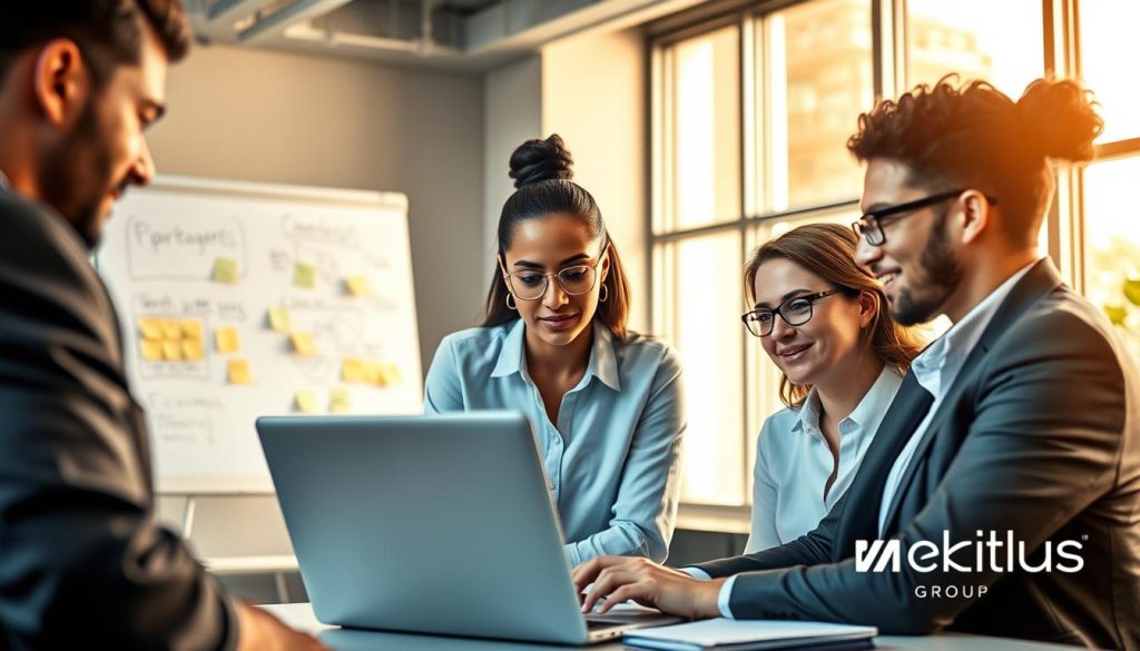 A professional scene depicting a group of diverse web development experts engaged in a collaborative discussion in a modern office environment. In the foreground, two professionals—one male and one female—are closely analyzing a laptop screen displaying code, both dressed in business attire. The middle ground features a whiteboard filled with diagrams and post-it notes, showcasing ideas for web projects. Bright, natural lighting streams through large windows in the background, casting a warm glow on contemporary office furniture. The atmosphere is one of innovation and teamwork, emphasizing the practical aspects of "portage salarial." Include subtle branding elements that indicate the presence of Umalis Group, ensuring they blend naturally into the scene without any text.