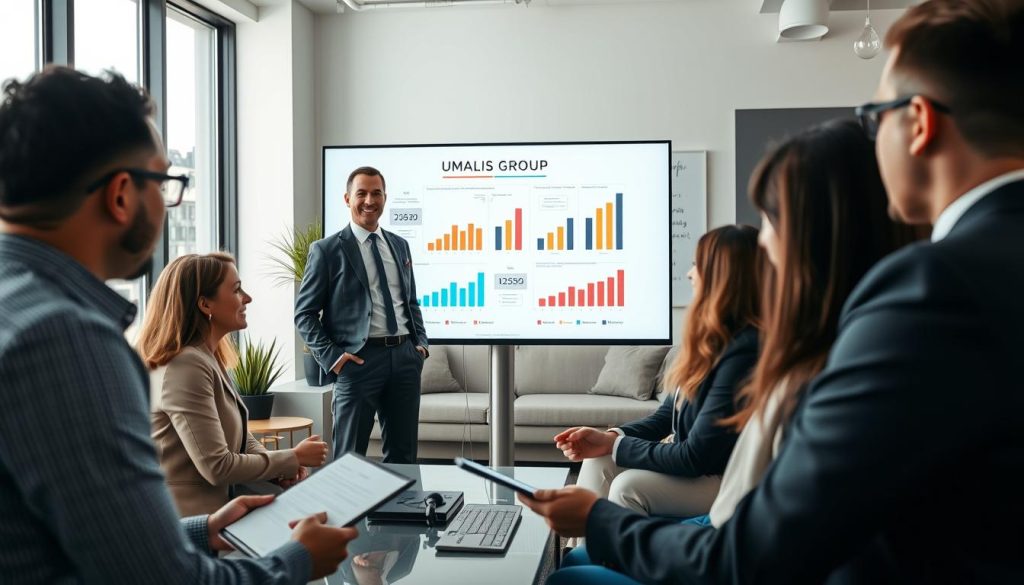 A professional scene depicting a smiling business consultant, wearing smart attire, guiding a diverse group of clients in a sleek, modern office setting. The focus is on a large digital screen displaying dynamic charts and figures labeled "Personalized Portage Salarial Quote" and "UMALIS GROUP" prominently among them. In the foreground, a client attentively takes notes, while others engage in discussion, showcasing an atmosphere of collaboration and innovation. Soft, natural lighting filters through large windows, creating a bright and inviting ambience. The background features contemporary furniture and motivational wall art, enhancing the professional mood of the space. The composition should be well-balanced, capturing both the clients and the consultant in a dynamic yet harmonious arrangement.