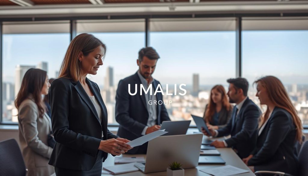 A professional scene depicting an international business meeting in a modern office environment. In the foreground, a diverse group of professionals, including a middle-aged woman in a sleek business suit and a young man in smart casual attire, are engaged in discussion over documents and laptops, showcasing collaboration. In the middle ground, large windows reveal a cityscape with skyscrapers and a clear blue sky, symbolizing global reach. Soft, natural lighting illuminates the room, creating an inviting atmosphere. In the background, a subtle logo of "UMALIS GROUP" is integrated into the office decor, enhancing the notion of professional guidance for freelancers. The overall mood is focused and dynamic, highlighting the concept of "portage salarial international" and the security it offers for working abroad.