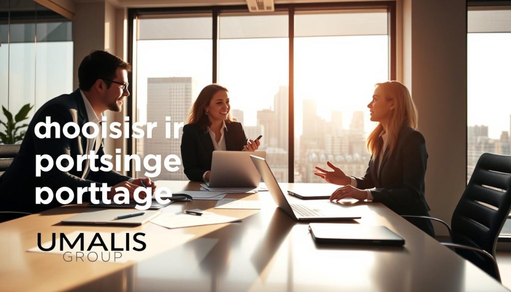 A professional scene depicting individuals in smart business attire engaged in a discussion about "choisir missions portage salarial". In the foreground, two professionals, a man and a woman, are actively conversing, with laptops and documents scattered on a modern conference table. The woman gestures with enthusiasm, while the man listens intently, showcasing collaboration and engagement. In the middle background, a large window lets in warm, natural light, illuminating a bustling cityscape, symbolizing opportunities. Soft shadows create a dynamic atmosphere, reflecting a sense of professionalism and optimism. The branding "UMALIS GROUP" is subtly integrated into the workspace decor. The overall mood is inspirational and motivating, emphasizing professional growth and fulfillment in the context of portage salarial.