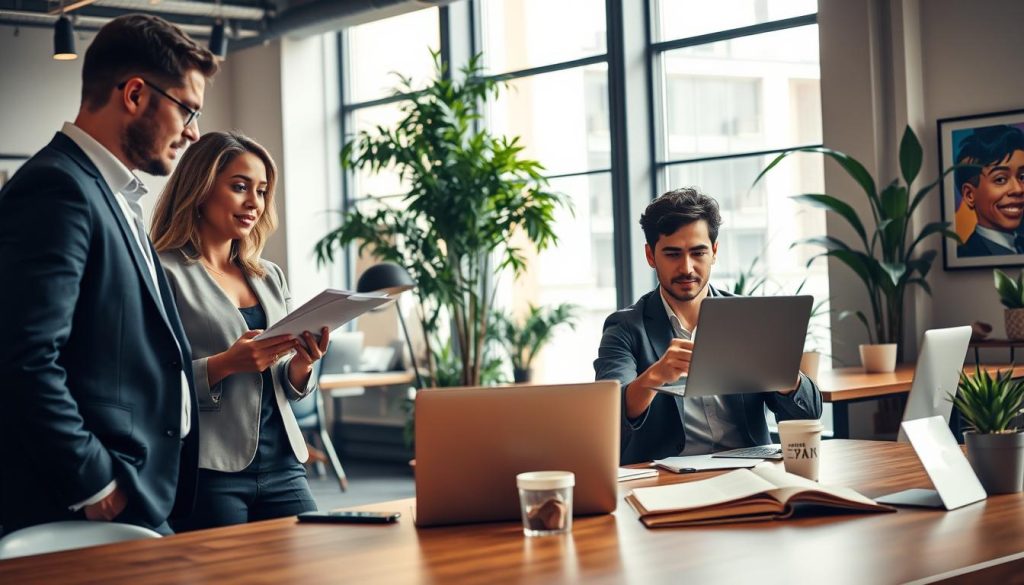 A professional scene depicting "portage salarial" in a modern office environment, with a focus on diverse individuals working collaboratively. In the foreground, a businesswoman in professional attire is discussing a project with a businessman, both engaged and focused. In the middle ground, a young freelancer, dressed in smart casual clothing, is working on a laptop at a stylish desk, with documents and coffee nearby. The background features a large window with natural light streaming in, illuminating the open office layout filled with greenery and vibrant artwork. The atmosphere should be dynamic and optimistic, reflecting synergy between independent work and traditional employment. Include a subtle, branded element of "UMALIS GROUP" visible within the office décor. Use warm lighting to enhance the inviting feel; shot from a slightly elevated angle for a comprehensive view. A professional scene depicting "portage salarial" in a modern office environment, with a focus on diverse individuals working collaboratively. In the foreground, a businesswoman in professional attire is discussing a project with a businessman, both engaged and focused. In the middle ground, a young freelancer, dressed in smart casual clothing, is working on a laptop at a stylish desk, with documents and coffee nearby. The background features a large window with natural light streaming in, illuminating the open office layout filled with greenery and vibrant artwork. The atmosphere should be dynamic and optimistic, reflecting synergy between independent work and traditional employment. Include a subtle, branded element of "UMALIS GROUP" visible within the office décor. Use warm lighting to enhance the inviting feel; shot from a slightly elevated angle for a comprehensive view.
