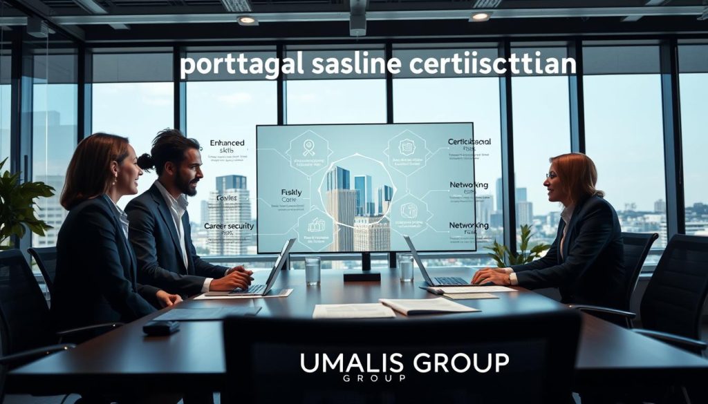 A professional scene depicting the benefits of "portage salarial certifications." In the foreground, a diverse group of three professionals, dressed in smart business attire, is engaged in a discussion around a conference table, with a laptop and certification documents open in front of them. In the middle ground, infographics illustrating the key benefits of professional certifications—such as enhanced skills, career security, and networking—are prominently displayed on a modern screen. The background features large windows with a city skyline view, allowing natural light to flood the space, creating an inspiring atmosphere. The overall mood is collaborative and focused, underscoring the importance of professional certification in securing one's career, with the logo of UMALIS GROUP subtly visible. The angle is slightly elevated, capturing both the individuals and the vibrant office environment. A professional scene depicting the benefits of "portage salarial certifications." In the foreground, a diverse group of three professionals, dressed in smart business attire, is engaged in a discussion around a conference table, with a laptop and certification documents open in front of them. In the middle ground, infographics illustrating the key benefits of professional certifications—such as enhanced skills, career security, and networking—are prominently displayed on a modern screen. The background features large windows with a city skyline view, allowing natural light to flood the space, creating an inspiring atmosphere. The overall mood is collaborative and focused, underscoring the importance of professional certification in securing one's career, with the logo of UMALIS GROUP subtly visible. The angle is slightly elevated, capturing both the individuals and the vibrant office environment.
