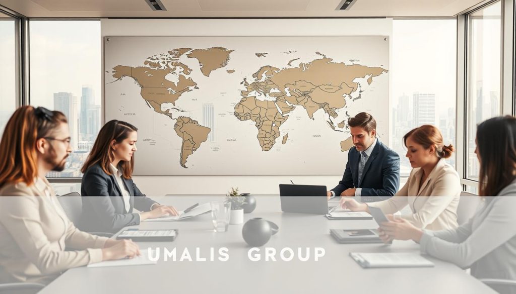 A professional scene depicting the concept of "Démarches administratives mission internationale" set in an office environment. In the foreground, a diverse group of professionals in business attire is engaged in discussion around a conference table, with documents and laptops open. The middle ground features a wall map showcasing various international locations, symbolizing global assignments. In the background, a large window reveals a city skyline, indicating a bustling urban setting. Soft, natural lighting streams in, enhancing an atmosphere of collaboration and optimism. The entire composition conveys a sense of seriousness and professionalism, with an emphasis on organization and support in international administrative tasks. Include the branding "UMALIS GROUP" subtly integrated into the decor.
