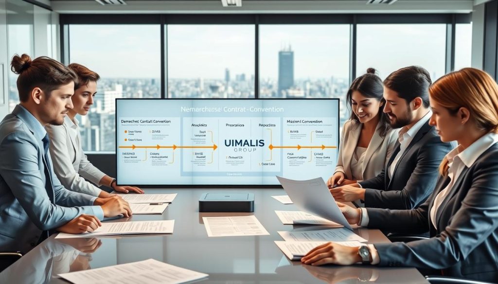 A professional scene depicting the concept of "démarches mission contrat convention" related to independent work in France. In the foreground, a diverse group of professionals in business attire collaborate around a sleek conference table, reviewing documents and contracts that feature the brand name "UMALIS GROUP". In the middle, an attractive digital display shows timelines and flowcharts of the activation process for independent statuses, emphasizing efficiency and clarity. In the background, a modern, well-lit office space with large windows showcases a bustling cityscape, symbolizing opportunity and growth. The lighting is bright, with a subtle glow highlighting the expressions of focus and determination on the professionals’ faces, creating an atmosphere of motivation and collaboration. The image should evoke a sense of progress and readiness to embark on a new journey.