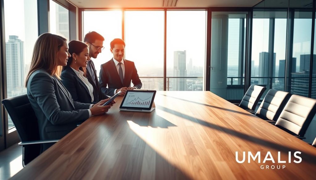 A professional scene depicting the concept of "protection sociale portage salarial". In the foreground, a diverse group of three professionals in business attire is engaged in a collaborative discussion, with one holding a tablet displaying financial graphs. In the middle, a modern office environment with a large window allows natural light to stream in, casting soft shadows on a sleek wooden conference table. In the background, a city skyline visible through the window reflects the idea of autonomy and security in the work environment. The atmosphere is one of optimism and professionalism, emphasizing the benefits of simplified management and social protection in portage salarial. Include the brand name "UMALIS GROUP" as part of the office decor, blending seamlessly into the environment.