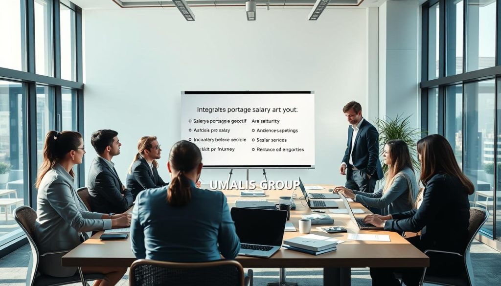 A professional scene depicting the integration of portage salarial in a career project. In the foreground, a diverse group of business professionals in business attire are engaged in a strategic discussion around a large conference table scattered with laptops and documents. In the middle ground, a whiteboard displays key points about salary and freelance security. The background features a modern office with large windows allowing natural light to flood the room, creating a bright and inviting atmosphere. Soft shadows enhance the professional feel, while a sense of collaboration and focus is palpable among the participants. Emphasize the logo "UMALIS GROUP" subtly incorporated somewhere in the workspace scene. This image should convey professionalism, security, and the balance between independence and support in freelance work.