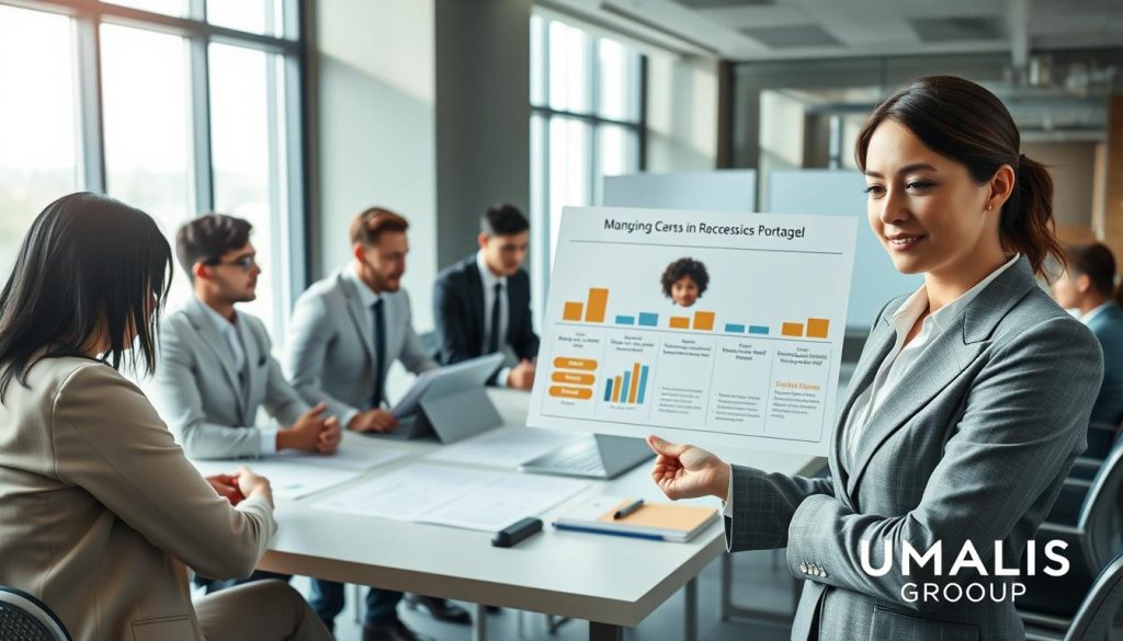 A professional scene depicting the key steps of a successful mission in portage salarial, featuring a diverse group of business professionals collaborating around a large table. In the foreground, a confident woman in business attire is presenting a chart, highlighting the stages of a project. In the middle, a diverse team of men and women, all dressed in professional business attire, are engaged in discussion, looking at documents and laptops, showcasing teamwork and strategy. The background features a modern office environment with large windows, allowing natural light to pour in, creating a bright and productive atmosphere. The image reflects a sense of collaboration and professionalism. Include the subtle branding of "UMALIS GROUP" in the design without overpowering the scene, ensuring a cohesive, engaging visual representation of effective project management in portage salarial.