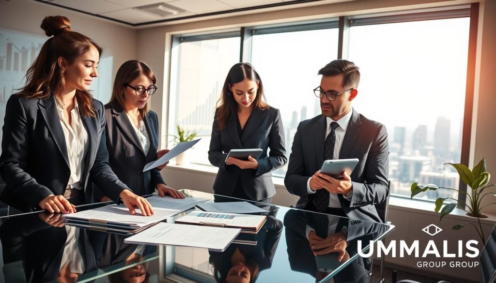 A professional scene illustrating "Safety and Social Security in Portage Salarial" featuring a diverse group of business professionals discussing at a modern office space. In the foreground, a confident woman in a tailored suit reviews documents on a sleek glass conference table, while a man in business attire takes notes on a digital tablet. The middle ground showcases a large window with natural light streaming in, casting soft shadows and revealing a cityscape view. In the background, subtle visuals of graphs and charts on a wall, symbolizing growth and stability. The atmosphere is collaborative and productive, emphasizing the support and security that portage salarial provides. The logo of "UMALIS GROUP" is subtly integrated into the office decor, enhancing a sense of professionalism and branding.