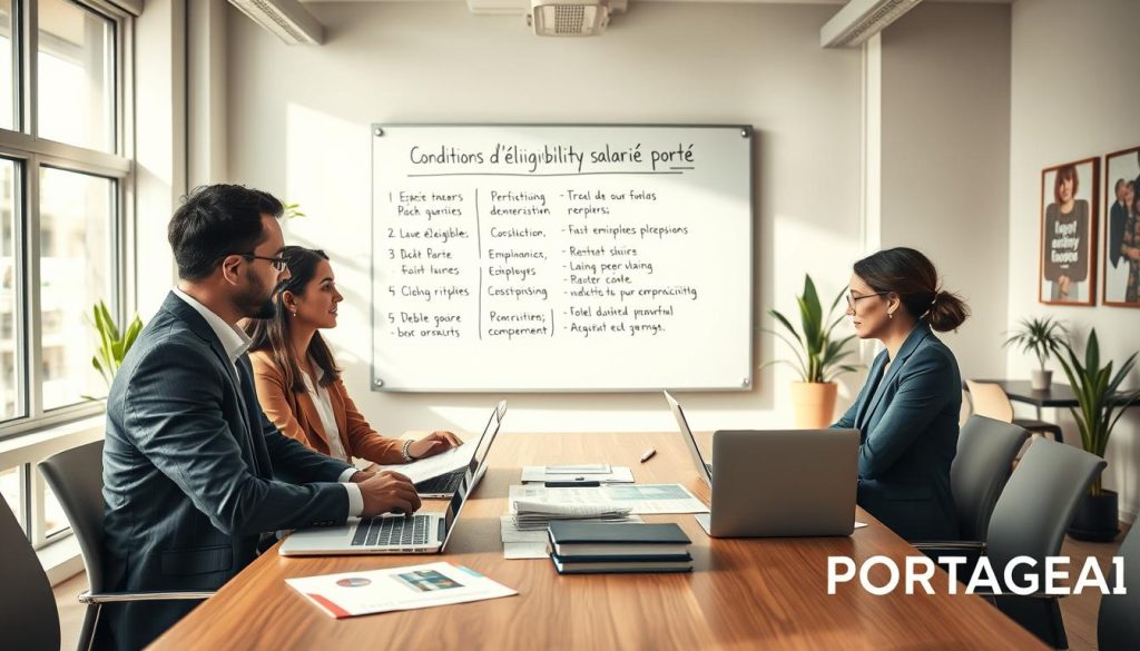 A professional scene illustrating "conditions d'éligibilité salarié porté" in a modern office setting. In the foreground, a diverse group of three professionals—one male and two females—dressed in smart business attire, are engaged in a discussion around a conference table, with documents and laptops covered with charts and graphs to signify eligibility criteria. In the middle ground, a whiteboard filled with bullet points showcasing criteria for employee classification is visible, along with a large window allowing natural light to flood the room, enhancing a bright and optimistic atmosphere. The background features a contemporary office décor with plants and motivational art on the walls. The image should convey clarity, professionalism, and focus, with warm lighting and a slightly elevated perspective for depth. Include the brand name "PORTAGE AI" subtly in the background, ensuring it doesn't distract from the main subject.