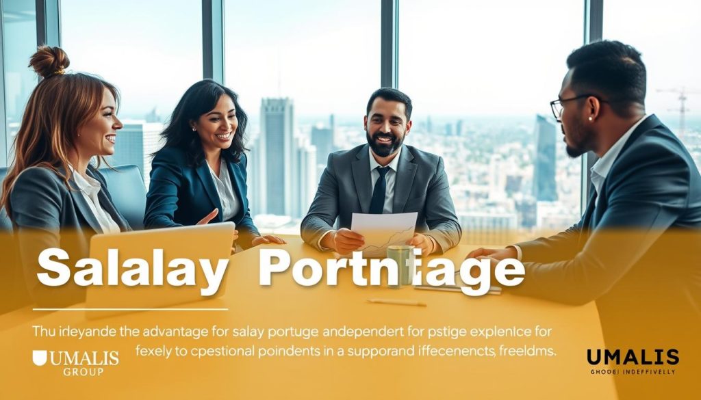 A professional scene illustrating the advantages of salary portage for independents, with a group of diverse individuals in professional business attire engaged in a dynamic discussion around a modern office table. In the foreground, a confident woman gestures towards a clear graph on a laptop, representing growth and flexibility. The middle ground features a man taking notes, while another person shares a positive experience. In the background, a large window offers a view of a bustling city skyline under bright natural light, suggesting opportunity and freedom. The atmosphere is collaborative and optimistic, with soft, warm lighting enhancing the professionalism. Include subtle branding elements of "UMALIS GROUP" in the office decor, showcasing their role in supporting independents effectively.