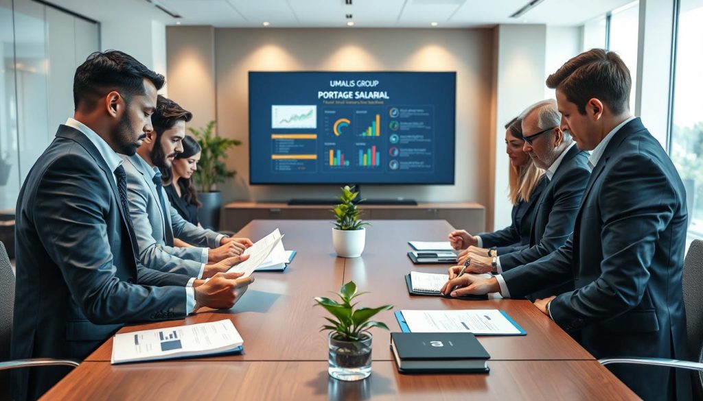 A professional scene illustrating the concept of "Verification of Rules and Rights in Portage Salarial." In the foreground, a diverse group of professionals in smart business attire, including men and women of various ethnicities, are gathered around a large conference table, deeply engaged in discussion. They are examining legal documents and digital devices that display charts and graphs. In the middle ground, a large screen showcases an infographic on portage salarial rules, while a potted plant adds a touch of greenery. In the background, a modern office environment with sleek furniture, soft ambient lighting, and large windows letting in natural light, creating a bright, optimistic atmosphere. The composition should evoke a sense of collaboration, professional integrity, and forward-thinking. Include a subtle logo of "UMALIS GROUP" on the presentation screen.