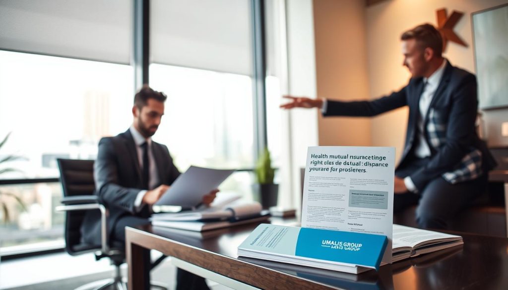 A professional scene illustrating the concept of "cas de dispense salarié porté." In the foreground, a well-dressed individual is seated at a modern office desk, reviewing documents and using a laptop, looking attentive and engaged. In the middle ground, another professional, dressed in smart business attire, gestures towards a coffee table with informational brochures on health mutual insurance, symbolizing the theme of financial security for freelancers. The background features a large window with soft natural light entering, casting a warm glow in the room, hinting at a bustling city outside. An atmosphere of collaboration and professionalism is conveyed, emphasizing the importance of understanding one’s rights in the context of health insurance. The logo of UMALIS GROUP is subtly displayed on a brochure on the table.