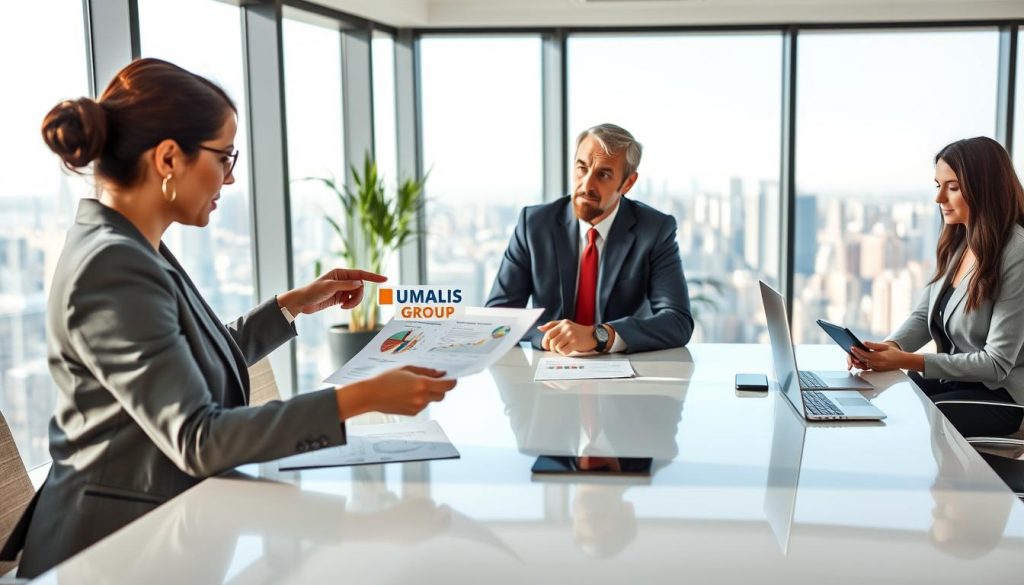 A professional scene illustrating the concept of "convention portage salarial," featuring a diverse group of three people engaged in a discussion at a sleek modern conference table. In the foreground, a woman wearing smart business attire is pointing at a document, with charts and graphs visible. Beside her, a man in a tailored suit nods thoughtfully, while a third person, casually dressed yet professional, is taking notes on a laptop. The background shows a well-lit office space with large windows, providing a panoramic view of a city skyline. Soft natural light floods the room, creating an inviting atmosphere, with a hint of greenery from potted plants. The logo of UMALIS GROUP is subtly placed on a visible presentation slide, symbolizing expertise in the field.