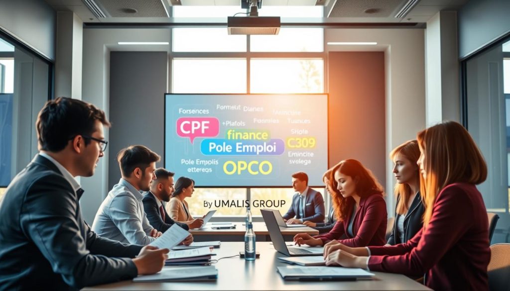 A professional scene illustrating the concept of "financement formation CPF" in a modern educational environment. In the foreground, a diverse group of individuals in professional attire is engaged in a collaborative discussion over documents and laptops, symbolizing learning and growth. The middle section features a large screen displaying key financial terms like "CPF," "Pôle Emploi," and "OPCO" in a visually appealing manner, with vibrant colors to enhance engagement. The background showcases a sleek, contemporary classroom with large windows allowing natural light to pour in, creating an inviting atmosphere. Soft, luminous lighting enhances the inspiring mood of the space. Include the brand name "UMALIS GROUP" subtly integrated into the classroom design, ensuring it feels part of the scene.