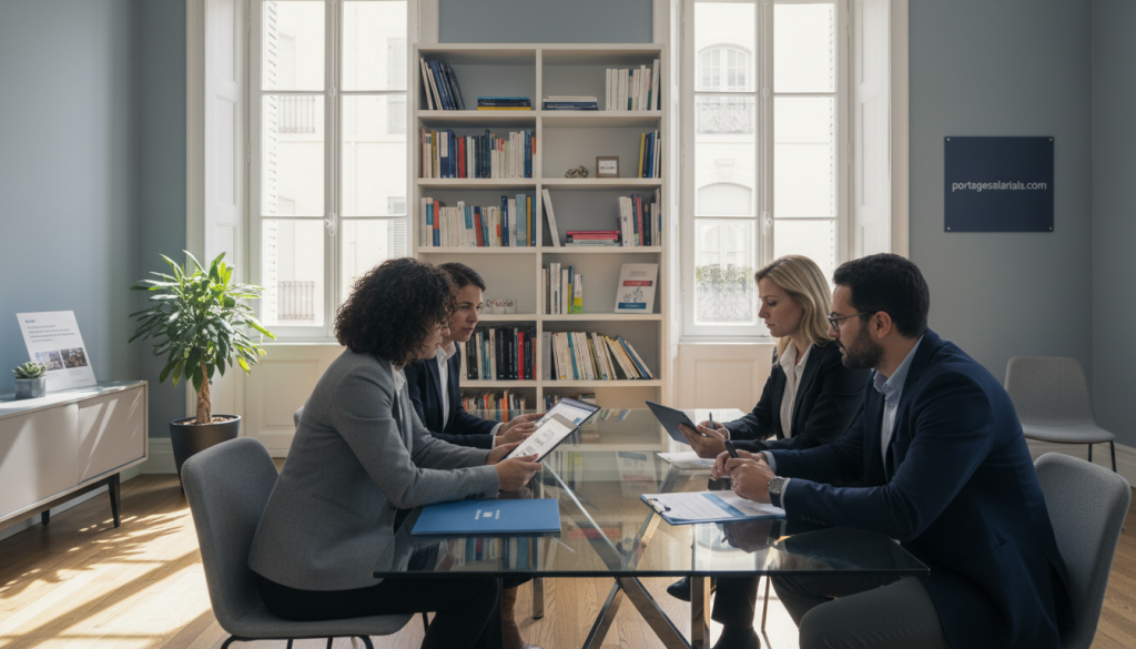 A professional, serene office environment depicting a group of business people engaged in discussion about "offres portage salarial." In the foreground, a diverse group of three professionals—two women in business attire and one man in smart casual wear—huddle around a modern glass table with digital tablets displaying mission offers. In the middle ground, shelves lined with books and resources related to employment solutions create an inviting atmosphere. In the background, large windows let in soft, natural light, casting gentle shadows that enhance the space. The mood is focused yet collaborative, suggesting opportunity and professionalism. Include subtle branding elements associated with "portagesalarials.com" in the decor without compromising the image's clean and sophisticated look.