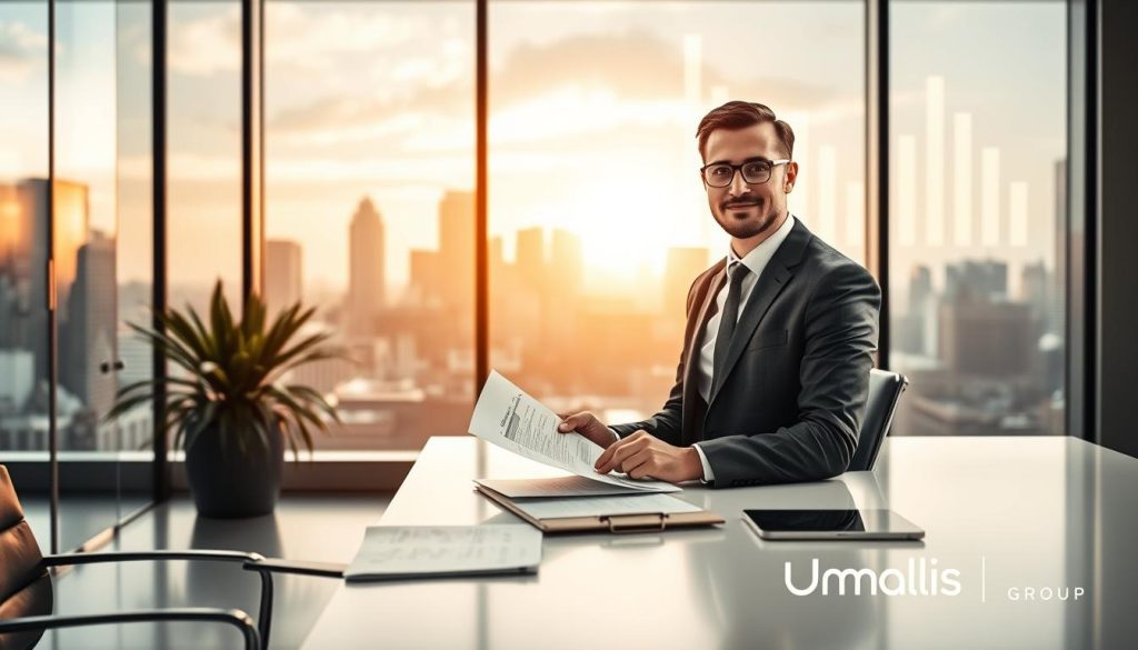 A professional, serene office environment showcasing the concept of "portage salarial". In the foreground, a confident business professional in smart attire, analyzing documents on a sleek modern desk, representing optimization of rights and benefits. In the middle ground, a window reveals a city skyline bathed in soft morning light, symbolizing opportunity and growth. The background features abstract representations of financial elements, like charts and graphs, subtly integrated into the glass, suggesting professionalism and clarity. The overall mood is one of empowerment and focus, illuminated by warm, inviting light to enhance a sense of optimism. Include the brand name "Umalis Group" subtly in the office decor, ensuring no text is directly visible.