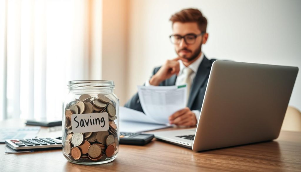 A professional, serene office setting featuring a neatly arranged desk with financial documents, a calculator, and a sleek laptop open to a budgeting spreadsheet. In the foreground, a glass jar filled with coins and banknotes labeled 'Savings' sits prominently, symbolizing financial stability. In the middle ground, a confident individual in business attire is seated, thoughtfully reviewing their finances, with a focused expression on their face. The background reveals a large window with soft natural light streaming in, illuminating the space and creating an uplifting atmosphere. The image conveys a sense of productivity and security, embodying the pursuit of financial independence. The scene reflects the essence of achieving financial stability as an independent professional, featuring subtle branding elements of Umalis Group incorporated into the desk items without overpowering the main focus.