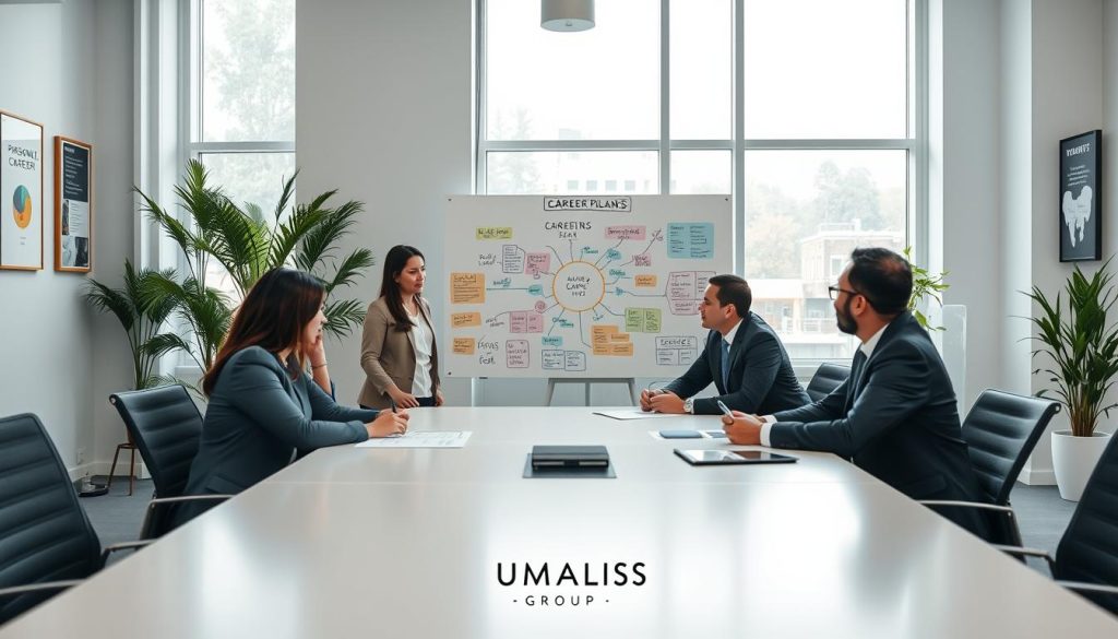 A professional, serene office space focusing on career development. In the foreground, a diverse group of three individuals, a woman and two men, are engaged in a brainstorming session around a modern, sleek conference table. They are dressed in professional business attire, embodying a spirit of collaboration and innovation. In the middle, a large whiteboard displays colorful mind maps and strategies for personalized career plans, suggesting a vibrant, idea-driven atmosphere. In the background, large windows allow natural light to flood in, illuminating the workspace with a warm glow. Subtle touches like indoor plants and motivational posters on the wall create an inspiring environment. This setting is branded with the logo of "UMALIS GROUP" subtly integrated into the decor, enhancing the theme of personalized career development. A professional, serene office space focusing on career development. In the foreground, a diverse group of three individuals, a woman and two men, are engaged in a brainstorming session around a modern, sleek conference table. They are dressed in professional business attire, embodying a spirit of collaboration and innovation. In the middle, a large whiteboard displays colorful mind maps and strategies for personalized career plans, suggesting a vibrant, idea-driven atmosphere. In the background, large windows allow natural light to flood in, illuminating the workspace with a warm glow. Subtle touches like indoor plants and motivational posters on the wall create an inspiring environment. This setting is branded with the logo of "UMALIS GROUP" subtly integrated into the decor, enhancing the theme of personalized career development.