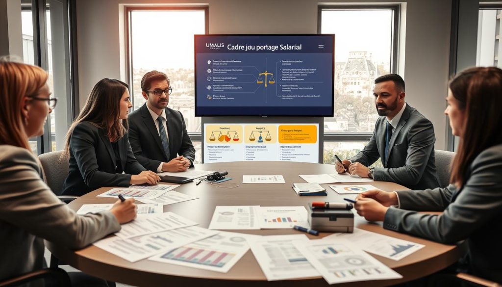 A professional setting depicting "Cadre juridique du portage salarial" with a focus on a conference room. In the foreground, a diverse group of three business professionals in formal attire, engaged in a discussion around a large round table, with charts and legal documents scattered across the table. The middle layer features a well-organized presentation screen displaying key legal concepts and changes in portage salarial regulations. The background shows large windows allowing soft, natural light to fill the room, enhancing a collaborative atmosphere. The mood is serious yet optimistic, symbolizing the potential innovations in the legal framework. Include subtle branding of "UMALIS GROUP" on the presentation screen. The image captures the essence of legal discussions and professional engagement in the evolving landscape of consulting. A professional setting depicting "Cadre juridique du portage salarial" with a focus on a conference room. In the foreground, a diverse group of three business professionals in formal attire, engaged in a discussion around a large round table, with charts and legal documents scattered across the table. The middle layer features a well-organized presentation screen displaying key legal concepts and changes in portage salarial regulations. The background shows large windows allowing soft, natural light to fill the room, enhancing a collaborative atmosphere. The mood is serious yet optimistic, symbolizing the potential innovations in the legal framework. Include subtle branding of "UMALIS GROUP" on the presentation screen. The image captures the essence of legal discussions and professional engagement in the evolving landscape of consulting.