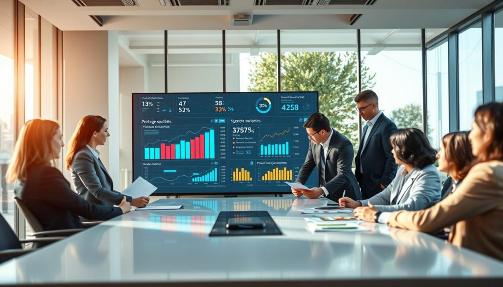 A professional setting depicting "Optimisation profil portage salarial." In the foreground, a diverse group of business professionals in business attire collaborates around a sleek conference table, analyzing documents and discussing strategies. In the middle ground, a large digital screen displays a data visualization of optimized profiles and performance metrics related to portage salarial. The background features a modern office environment with large windows allowing natural light to flood the space, creating an atmosphere of productivity and focus. The lighting is bright and inviting, enhancing the mood of collaboration and success. The angle is slightly elevated, capturing the scene from above, giving a comprehensive view of the teamwork in action. A professional setting depicting "Optimisation profil portage salarial." In the foreground, a diverse group of business professionals in business attire collaborates around a sleek conference table, analyzing documents and discussing strategies. In the middle ground, a large digital screen displays a data visualization of optimized profiles and performance metrics related to portage salarial. The background features a modern office environment with large windows allowing natural light to flood the space, creating an atmosphere of productivity and focus. The lighting is bright and inviting, enhancing the mood of collaboration and success. The angle is slightly elevated, capturing the scene from above, giving a comprehensive view of the teamwork in action.