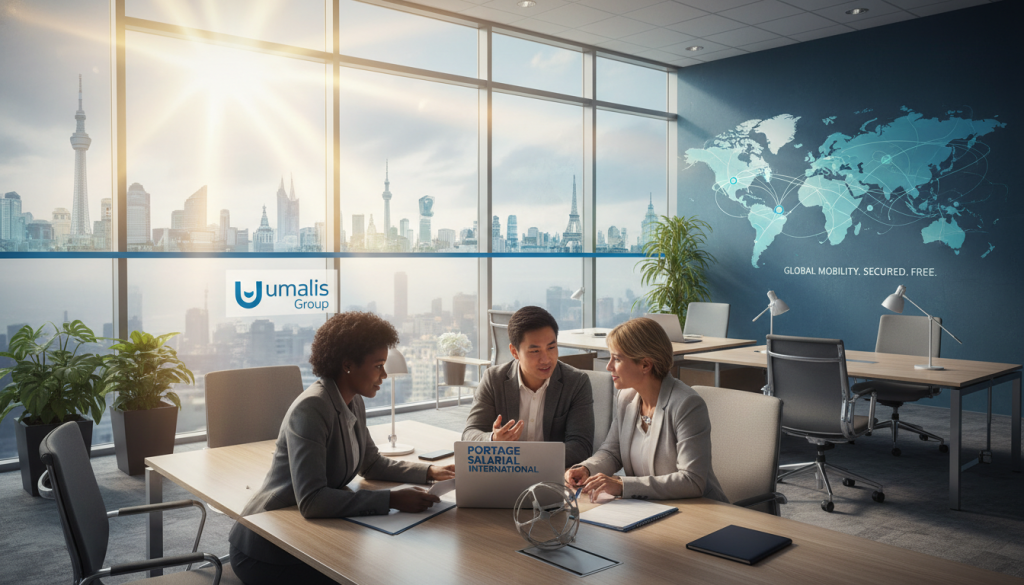 A professional setting depicting "Portage salarial international." In the foreground, a diverse group of three professionals in smart business attire are engaged in a discussion, reviewing documents and a laptop. The middle ground features a modern office environment with large windows showcasing a skyline of international cities, hinting at global connections. Subtle branding elements of "Umalis Group" are integrated into the office decor. The background includes a world map on the wall, symbolizing international operations and networking. The lighting is bright and inviting, with sunlight streaming in, creating a warm atmosphere. The composition should suggest collaboration, security, and freedom in the context of international professional mobility. The angle is slightly elevated, providing a clear view of the group and background, enhancing the sense of openness and opportunity. A professional setting depicting "Portage salarial international." In the foreground, a diverse group of three professionals in smart business attire are engaged in a discussion, reviewing documents and a laptop. The middle ground features a modern office environment with large windows showcasing a skyline of international cities, hinting at global connections. Subtle branding elements of "Umalis Group" are integrated into the office decor. The background includes a world map on the wall, symbolizing international operations and networking. The lighting is bright and inviting, with sunlight streaming in, creating a warm atmosphere. The composition should suggest collaboration, security, and freedom in the context of international professional mobility. The angle is slightly elevated, providing a clear view of the group and background, enhancing the sense of openness and opportunity.