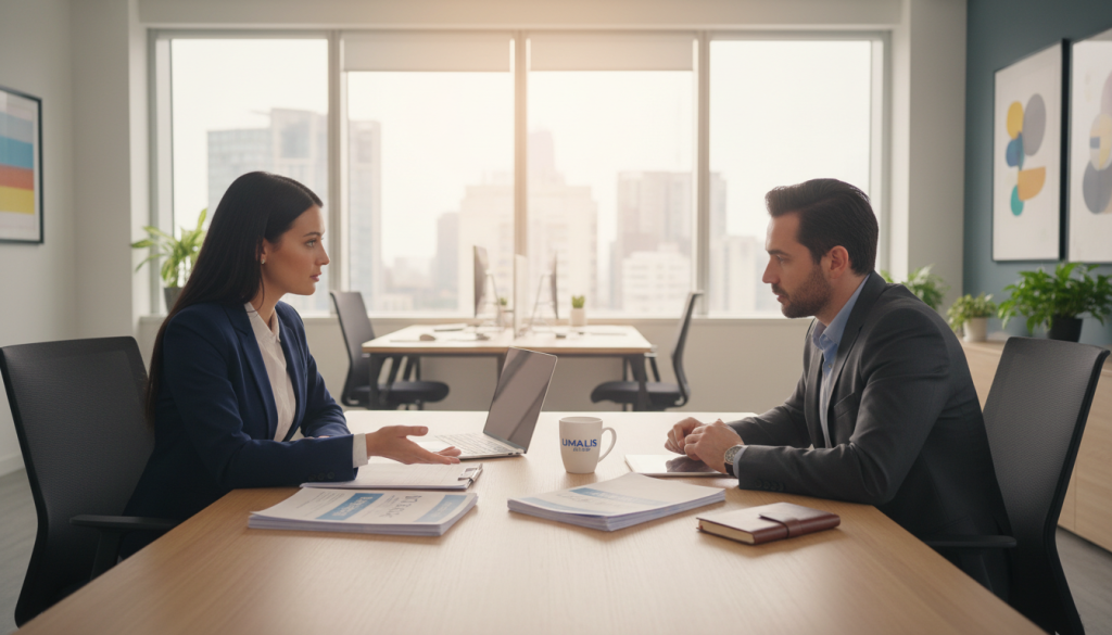 A professional setting depicting "RC Pro portage salarial," showcasing the essence of insurance and guarantees in a business environment. In the foreground, a confident woman in business attire is reviewing documents and discussing with a man in a suit, both appearing engaged and focused. The middle layer features a desk with a laptop, open insurance policy documents, and a coffee mug emblazoned with the "Umalis Group" logo. In the background, a modern office space with large windows allowing natural light to flood in, creating a bright and optimistic atmosphere. The overall mood is professional and secure, emphasizing the importance of protection and oversight in freelance work. Use soft lighting for a warm, inviting feel and ensure the angle captures their collaborative spirit. A professional setting depicting "RC Pro portage salarial," showcasing the essence of insurance and guarantees in a business environment. In the foreground, a confident woman in business attire is reviewing documents and discussing with a man in a suit, both appearing engaged and focused. The middle layer features a desk with a laptop, open insurance policy documents, and a coffee mug emblazoned with the "Umalis Group" logo. In the background, a modern office space with large windows allowing natural light to flood in, creating a bright and optimistic atmosphere. The overall mood is professional and secure, emphasizing the importance of protection and oversight in freelance work. Use soft lighting for a warm, inviting feel and ensure the angle captures their collaborative spirit.