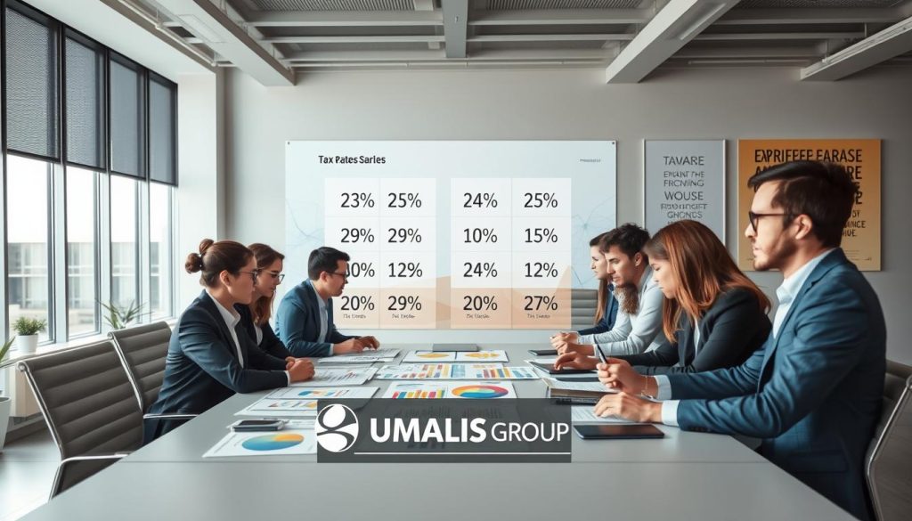 A professional setting depicting "Taux prélèvement source portage salarial." In the foreground, a diverse group of business professionals, dressed in smart attire, are engaged in a discussion around a large table. They are analyzing colorful charts and documents related to tax rates, showcasing a modern workspace with large windows letting in natural light. The middle of the image features a detailed digital display reflecting various tax rate percentages, emphasizing clarity and precision. The background shows a sleek office with motivational posters about entrepreneurship and financial growth, creating an inspiring atmosphere. The overall mood is focused and collaborative, evoking a sense of professionalism and trust. Logo of "UMALIS GROUP" subtly integrated into the digital display, enhancing the thematic connection without distraction.