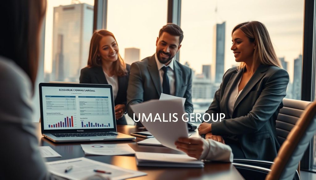 A professional setting depicting a business meeting focused on "couverture maladie" in the context of portage salarial. In the foreground, a diverse group of three professionals in business attire are engaged in discussion, with a laptop open displaying health coverage charts. The middle ground features a modern conference room table with documents and medical insurance flyers, with a large window letting in warm natural light, creating a positive atmosphere. In the background, a sleek city skyline can be seen through the glass, symbolizing the corporate world. The overall mood is collaborative and informative, emphasizing security and well-being in the workplace. Incorporate the brand name "UMALIS GROUP" subtly in the scene, ensuring it is integrated into the documents.