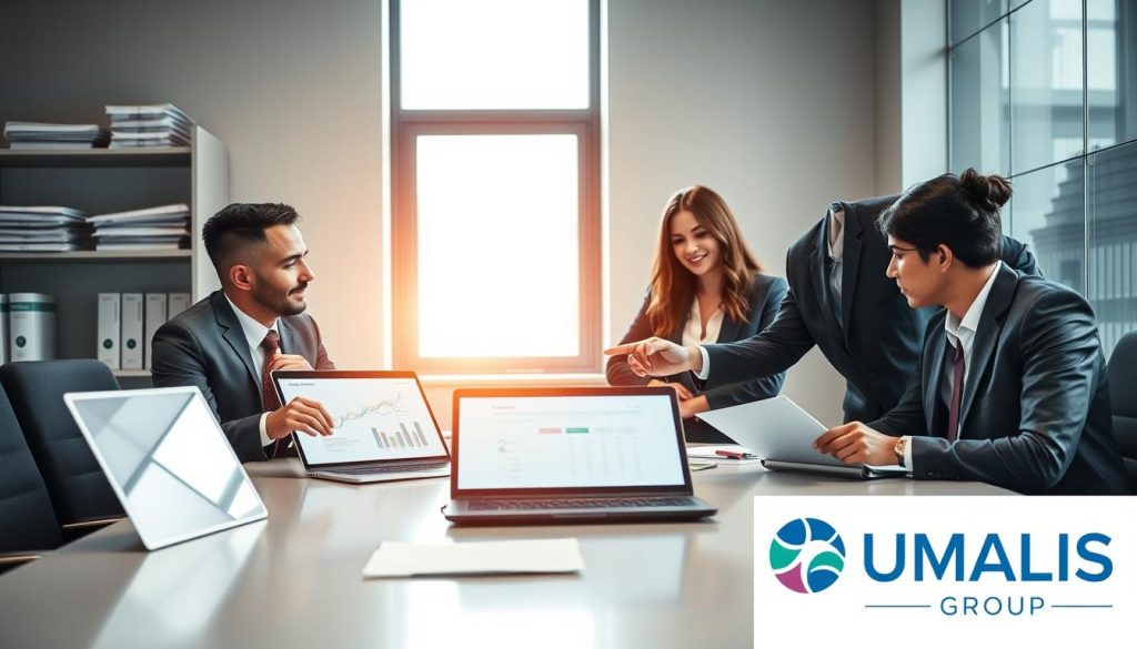 A professional setting depicting a business meeting focused on verifying social and fiscal regulations for portage salarial. In the foreground, a diverse group of three professionals, two men and one woman, dressed in smart business attire, are gathered around a sleek conference table. They review documents and laptops displaying charts and official references, with one person pointing to a screen. In the middle, a large window allows natural light to illuminate the room, casting a warm glow. The background features a modern office environment with shelves of manuals and government guidelines subtly displayed, enhancing the theme of research and verification. The overall mood is focused and collaborative, showcasing a serious approach to compliance. Include the logo of "UMALIS GROUP" subtly in the corner of the scene.