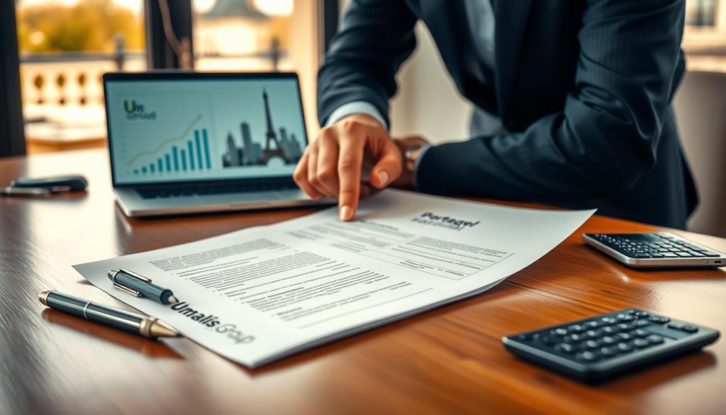 A professional setting depicting a close-up of a "Portage salarial" contract document being reviewed on a sleek wooden desk, with a pen and a calculator beside it. In the background, subtle elements like a modern office ambiance, a laptop displaying graphs related to finances, and a window showing the Paris skyline create context. Soft, natural lighting illuminates the scene, giving a warm, secure atmosphere. The foreground features a hand in a tailored business suit, pointing to important clauses in the contract. The "Umalis Group" logo is subtly integrated into the design of the document. The overall mood is focused and professional, emphasizing clarity and attention to detail in financial matters and French social protection.